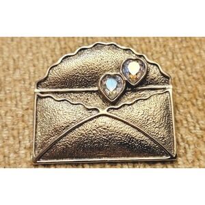 Vintage 2 Rhinestone Hearts ~ Love Letter Envelope Pin / Brooch ~ Gold Tone